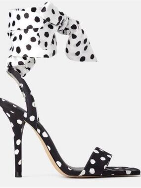 NWT ZARA Black & White Polka Dot Bow Tie Heeled Sandals
